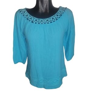 Kerry Brooke Aqua Blue Crochet Neckline Top With Cropped Sleeves S